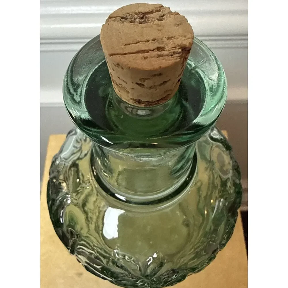 Vintage Canada Green Embossed Glass Bottle Decanter Cork Stopper Floral Leaf